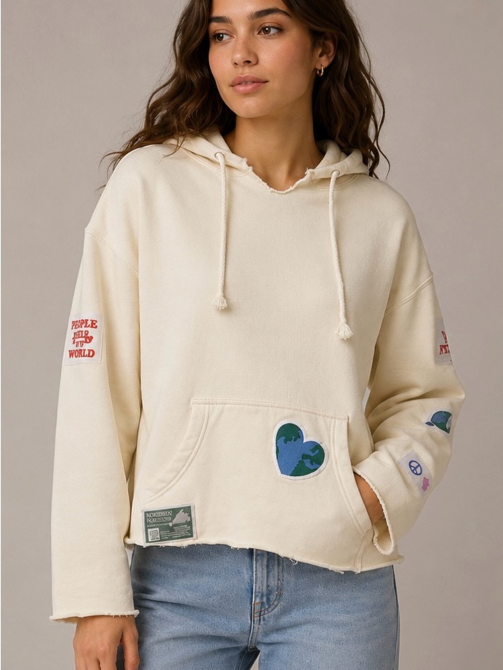 Cream Hooded Sweater with Patch Details
